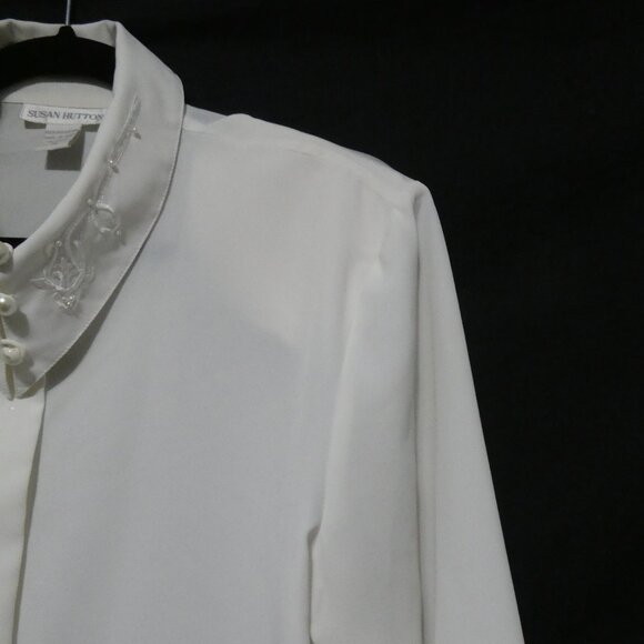 SUSAN HUTTON | size 14 | Elegant White Dress Shirt | Shoulder Pads | Polyester - Picture 5 of 14